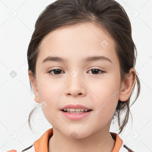 Joyful white child female with medium  brown hair and brown eyes