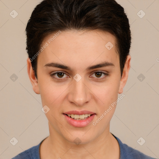 Joyful white young-adult female with short  brown hair and brown eyes