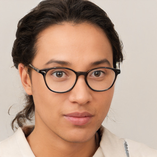 Neutral white young-adult female with medium  brown hair and brown eyes