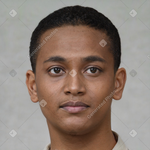 Neutral black young-adult male with short  brown hair and brown eyes