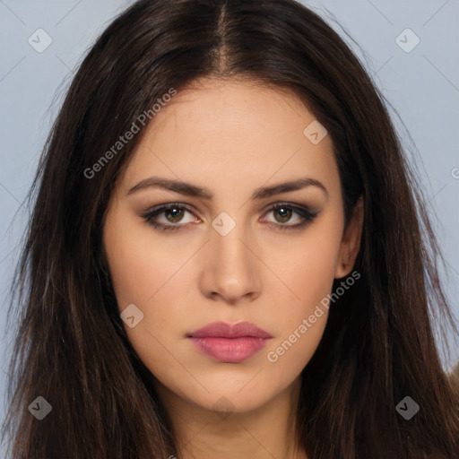 Neutral white young-adult female with long  brown hair and brown eyes