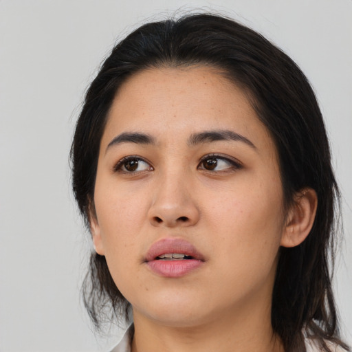 Neutral asian young-adult female with medium  black hair and brown eyes