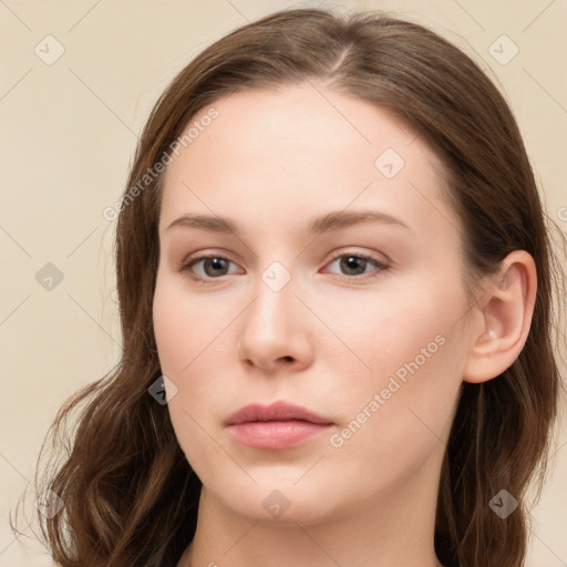 Neutral white young-adult female with long  brown hair and grey eyes