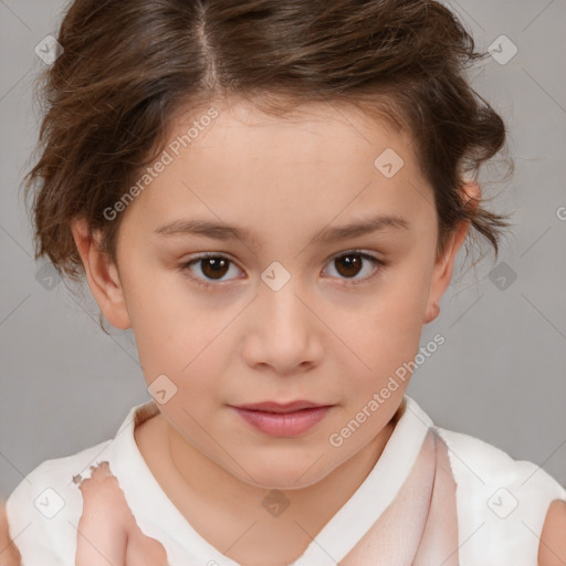 Joyful white child female with short  brown hair and brown eyes