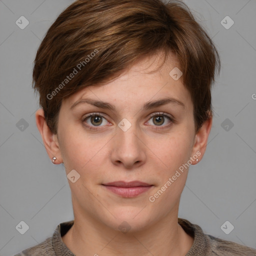 Joyful white young-adult female with short  brown hair and grey eyes