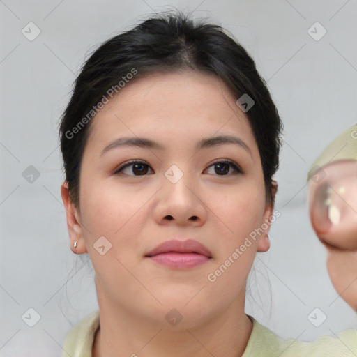 Neutral white young-adult female with short  brown hair and brown eyes