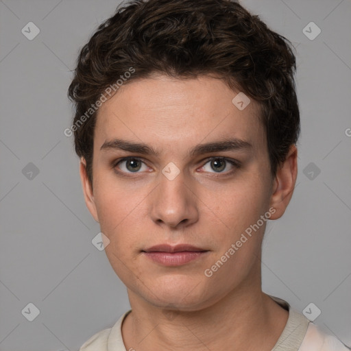 Neutral white young-adult male with short  brown hair and grey eyes