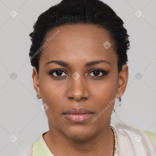 Neutral black young-adult female with short  black hair and brown eyes