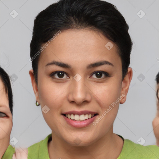 Joyful asian young-adult female with short  brown hair and brown eyes