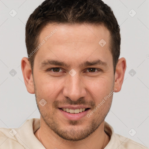 Joyful white young-adult male with short  brown hair and brown eyes