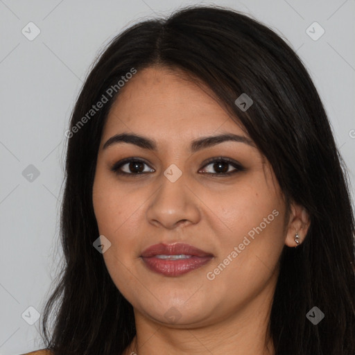 Joyful latino young-adult female with long  brown hair and brown eyes