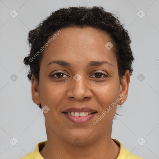 Joyful latino young-adult female with short  brown hair and brown eyes