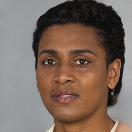 Joyful black young-adult female with short  black hair and brown eyes