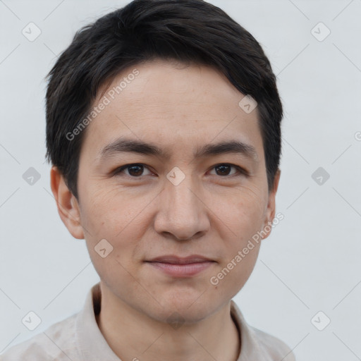 Joyful white young-adult male with short  black hair and brown eyes