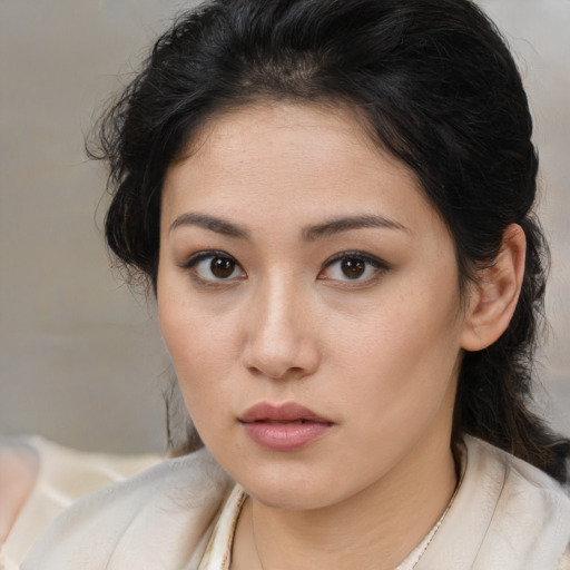 Neutral asian young-adult female with medium  brown hair and brown eyes