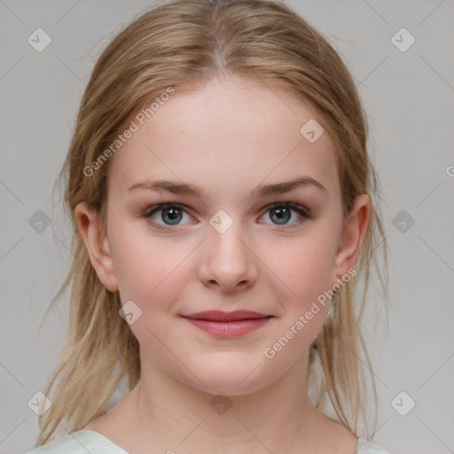 Joyful white child female with medium  brown hair and blue eyes