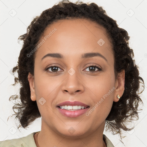 Joyful white young-adult female with long  brown hair and brown eyes