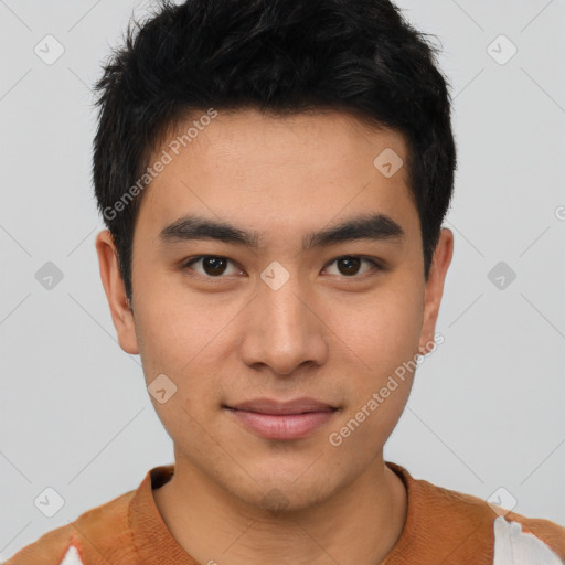 Joyful asian young-adult male with short  black hair and brown eyes