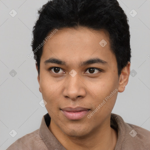 Neutral latino young-adult male with short  black hair and brown eyes