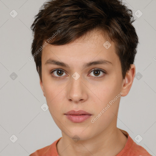 Neutral white young-adult female with short  brown hair and brown eyes