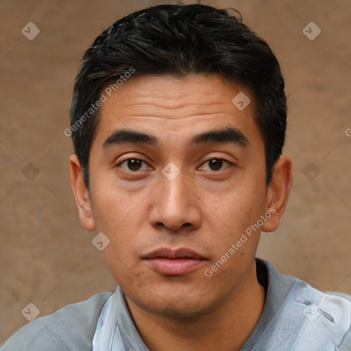 Neutral asian young-adult male with short  black hair and brown eyes