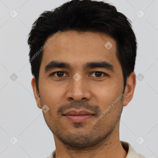 Neutral asian young-adult male with short  black hair and brown eyes