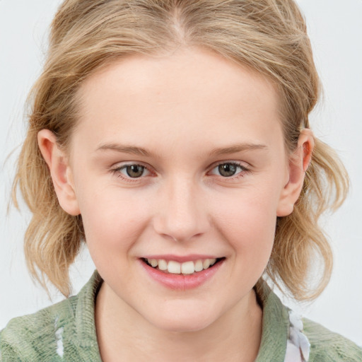 Joyful white child female with medium  brown hair and blue eyes