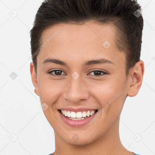 Joyful white young-adult female with short  brown hair and brown eyes