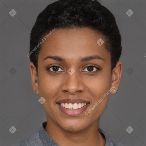 Joyful latino young-adult female with short  black hair and brown eyes