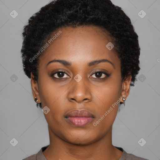 Neutral black young-adult female with short  black hair and brown eyes