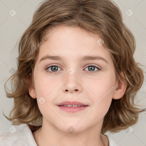 Joyful white child female with medium  brown hair and blue eyes