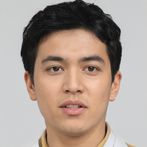 Neutral asian young-adult male with short  black hair and brown eyes