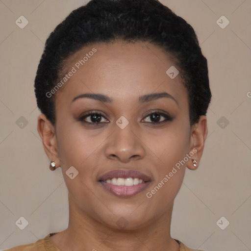Joyful black young-adult female with short  black hair and brown eyes