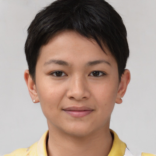 Joyful asian young-adult female with short  brown hair and brown eyes