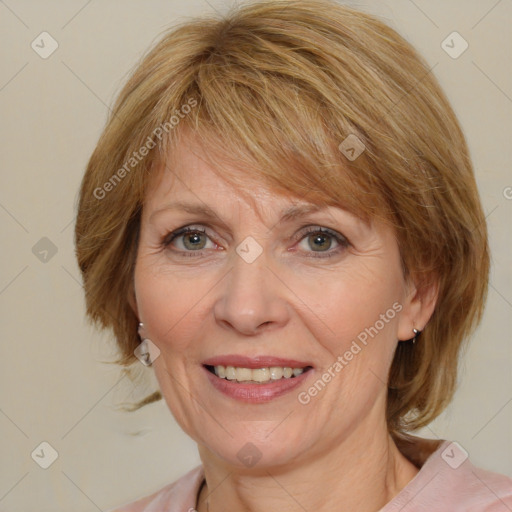 Joyful white adult female with medium  brown hair and blue eyes