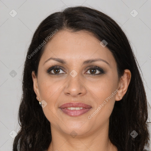 Joyful latino young-adult female with long  brown hair and brown eyes