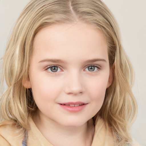 Joyful white child female with medium  brown hair and grey eyes