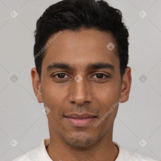 Neutral latino young-adult male with short  black hair and brown eyes