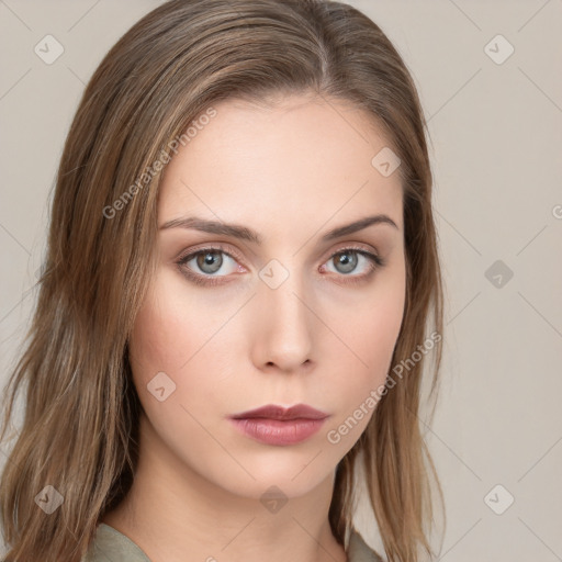 Neutral white young-adult female with long  brown hair and grey eyes