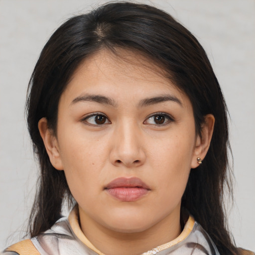 Neutral asian young-adult female with medium  brown hair and brown eyes
