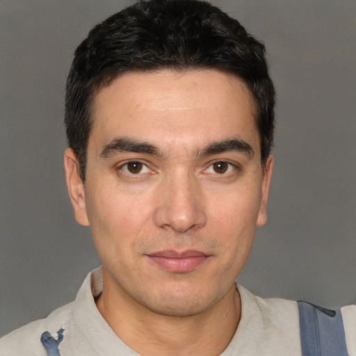 Neutral white young-adult male with short  black hair and brown eyes