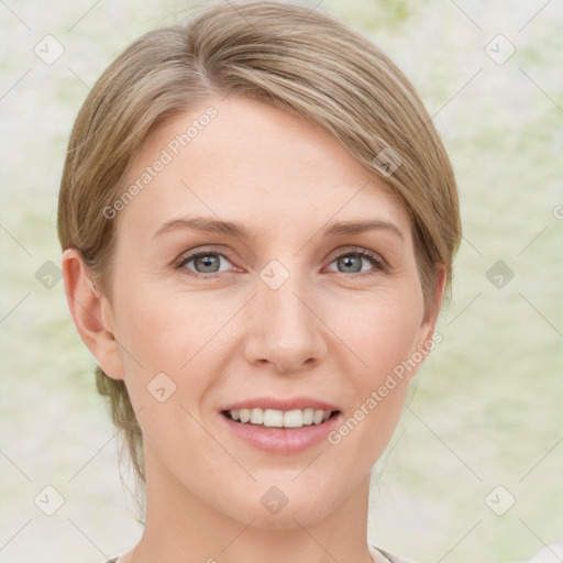 Joyful white young-adult female with medium  brown hair and grey eyes