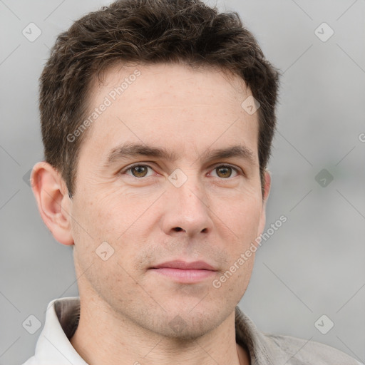 Neutral white adult male with short  brown hair and brown eyes