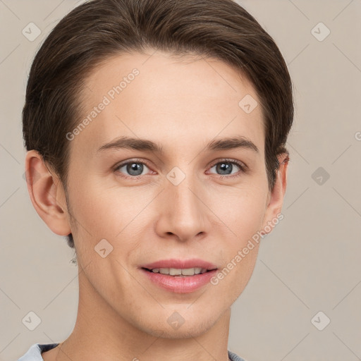 Joyful white young-adult female with short  brown hair and grey eyes