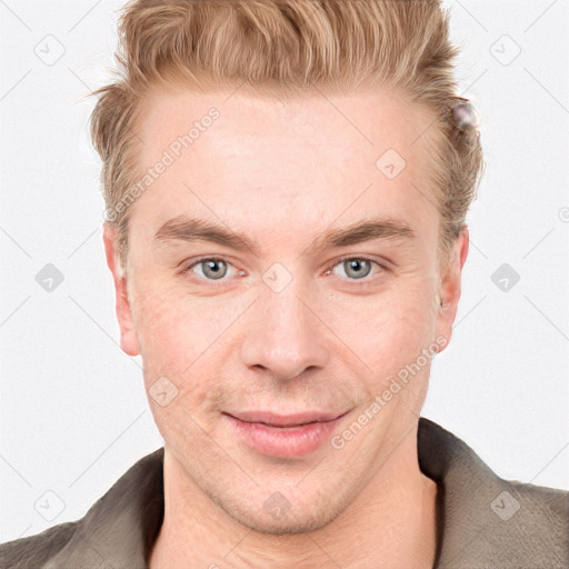 Joyful white adult male with short  brown hair and grey eyes