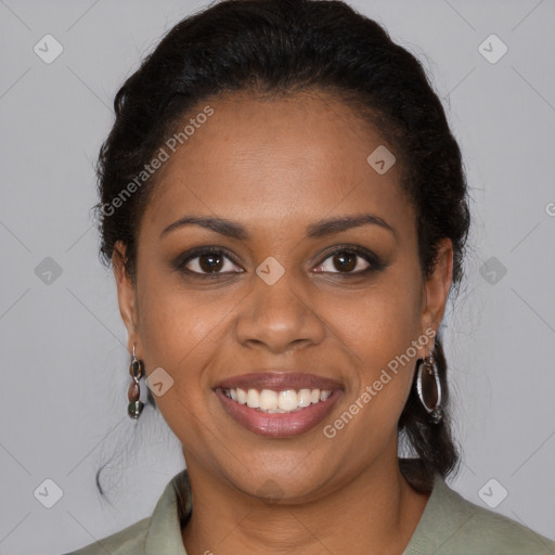 Joyful black young-adult female with medium  brown hair and brown eyes