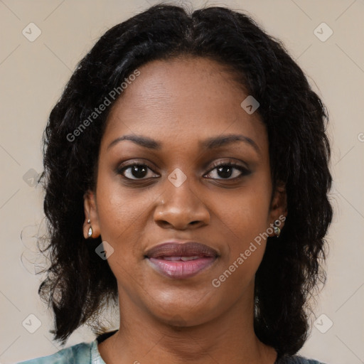 Joyful black young-adult female with medium  black hair and brown eyes