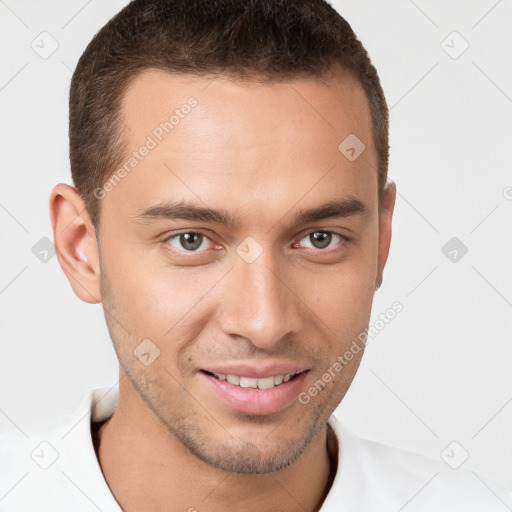 Joyful white young-adult male with short  brown hair and brown eyes