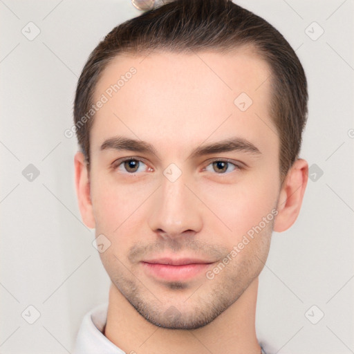 Neutral white young-adult male with short  brown hair and brown eyes