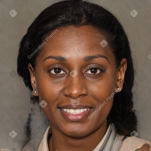 Joyful black young-adult female with medium  brown hair and brown eyes